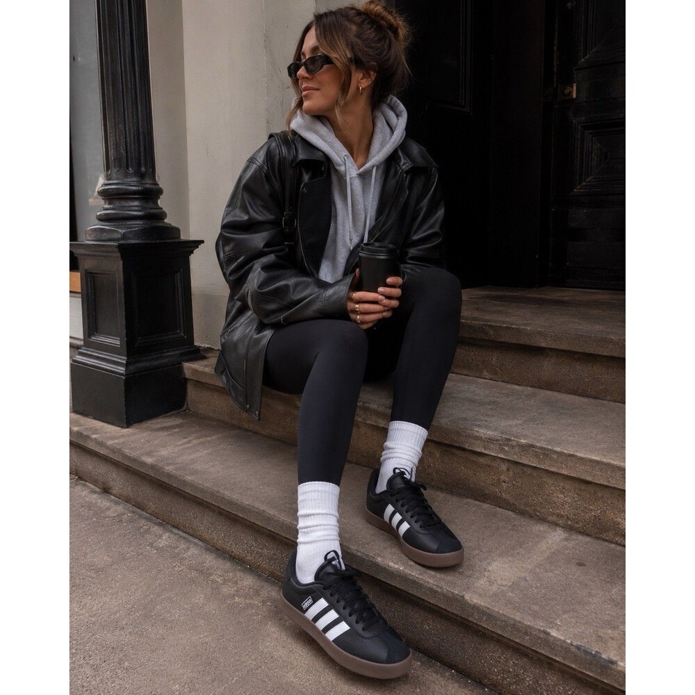 ADIDAS VL Court 3.0 Black Leather Size 6 Womens Sneakers Shoes Gum Bottom ID8796